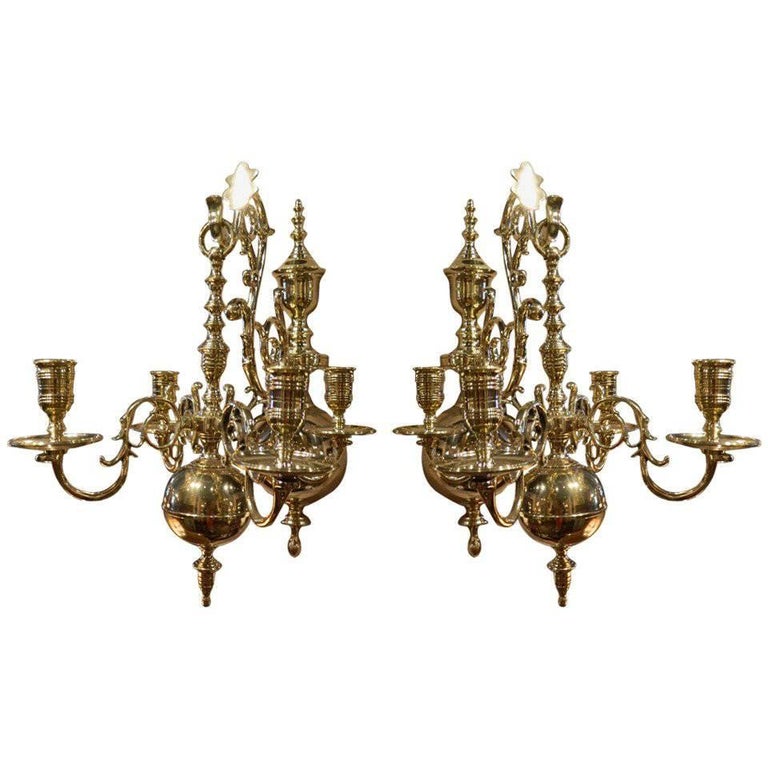 Pair Of Handblown Glass Bubble Sconces With Matching Pendant Pair Of Four Brass Candle Chandelier Wall Sconces 19th Century