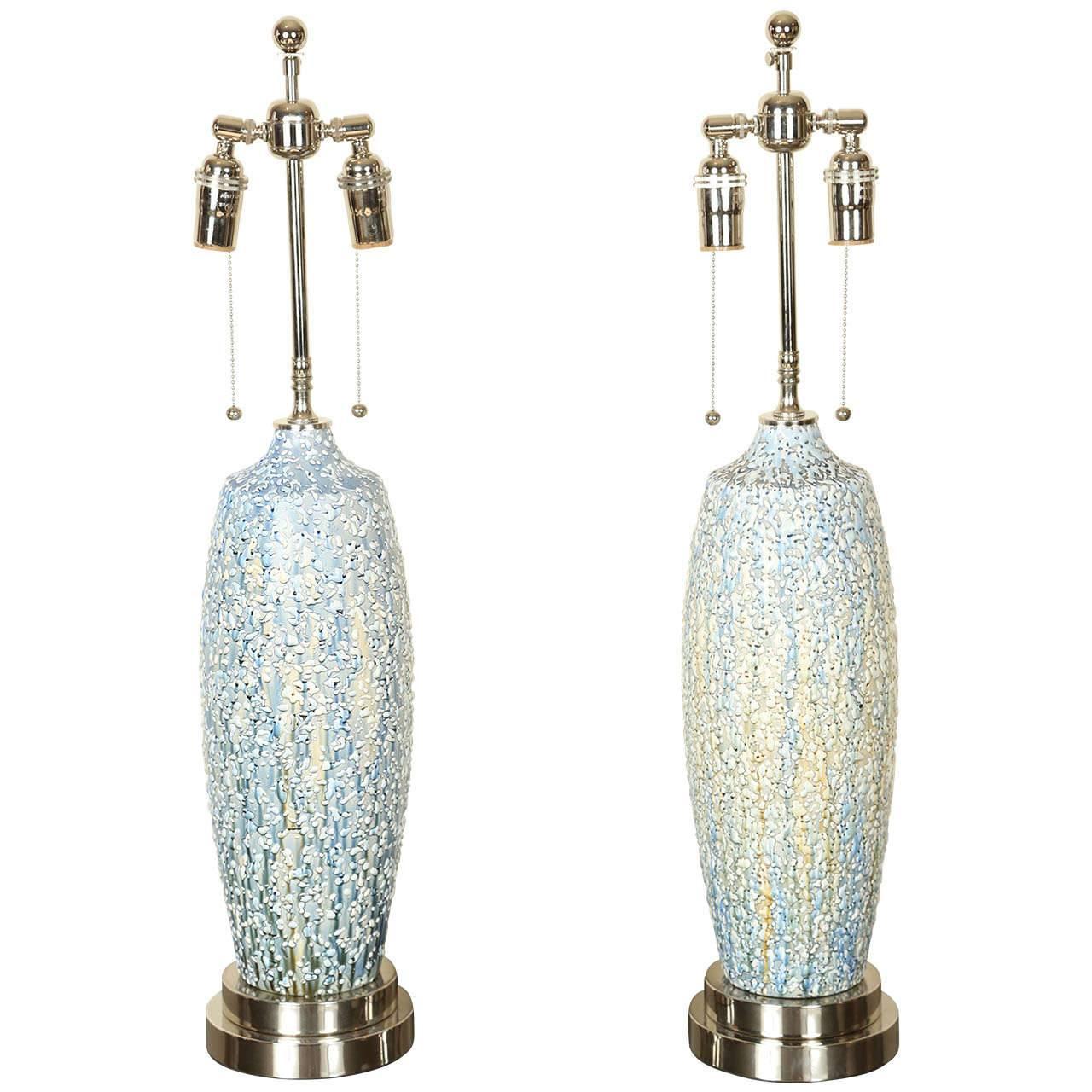 Lovely Pair of Ceramic Lamps with a Textured Multicolored Volcanic Glaze