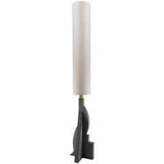 Contemporary Tower Floor Lamp with Geometric Oak Base and Japanese Paper Shade