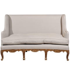 French Rococo Revival 1850s Giltwood Upholstered Winged Canapé with Shell Motifs