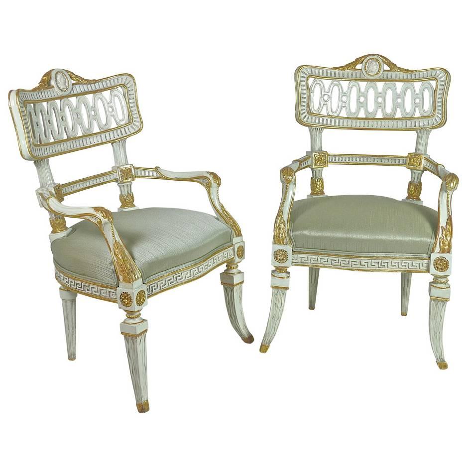 Pair of Italian 18th Century Painted and Parcel Gilt Carved Fauteuils