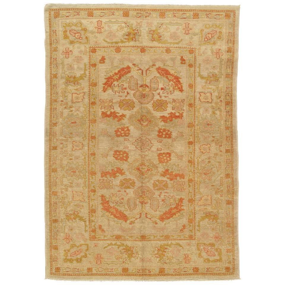 Turkish Oushak Carpet, Handmade Turkish Oriental Rug, Beige, Taupe, Coral