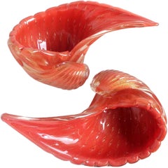 Alfredo Barbini Murano Orange Gold Flecks Italian Art Glass Seashell Bowls