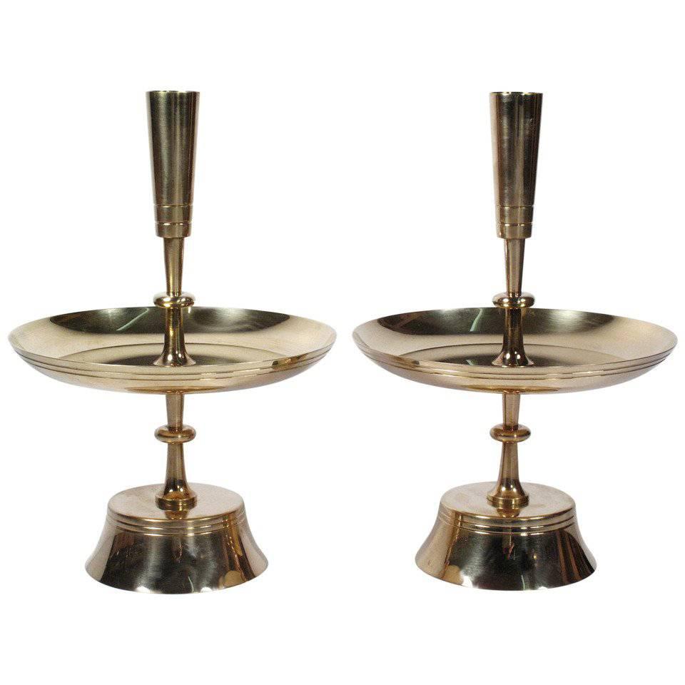 Pair of Brass Candleholders by Tommi Parzinger For Sale