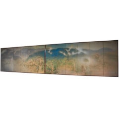 Pair of Polychrome Six Fold Japan Screens of Mist Rolling over Hills