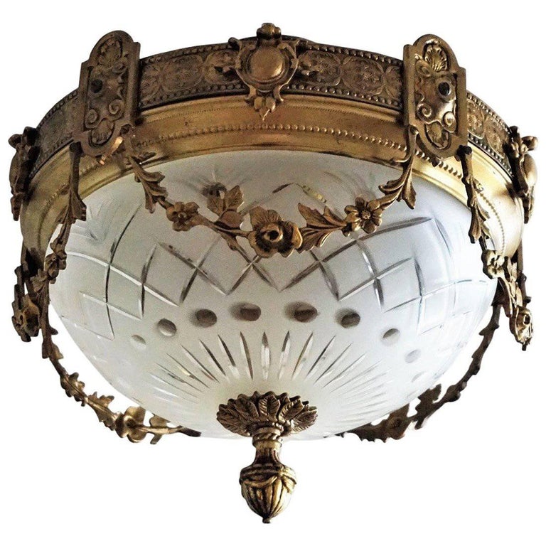 French Art Nouveau Period Bronze Cut Glass Ceiling Light Fixture French Art Nouveau Period Bronze Cut Glass Ceiling Light Fixture Flush Mount For