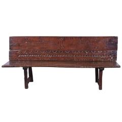 Antique 18th Century Spanish Country Carved Chestnut Bench with Back