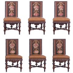 19th Century French Set of Six Walnut Chairs with Aubusson Tapestry and Leather