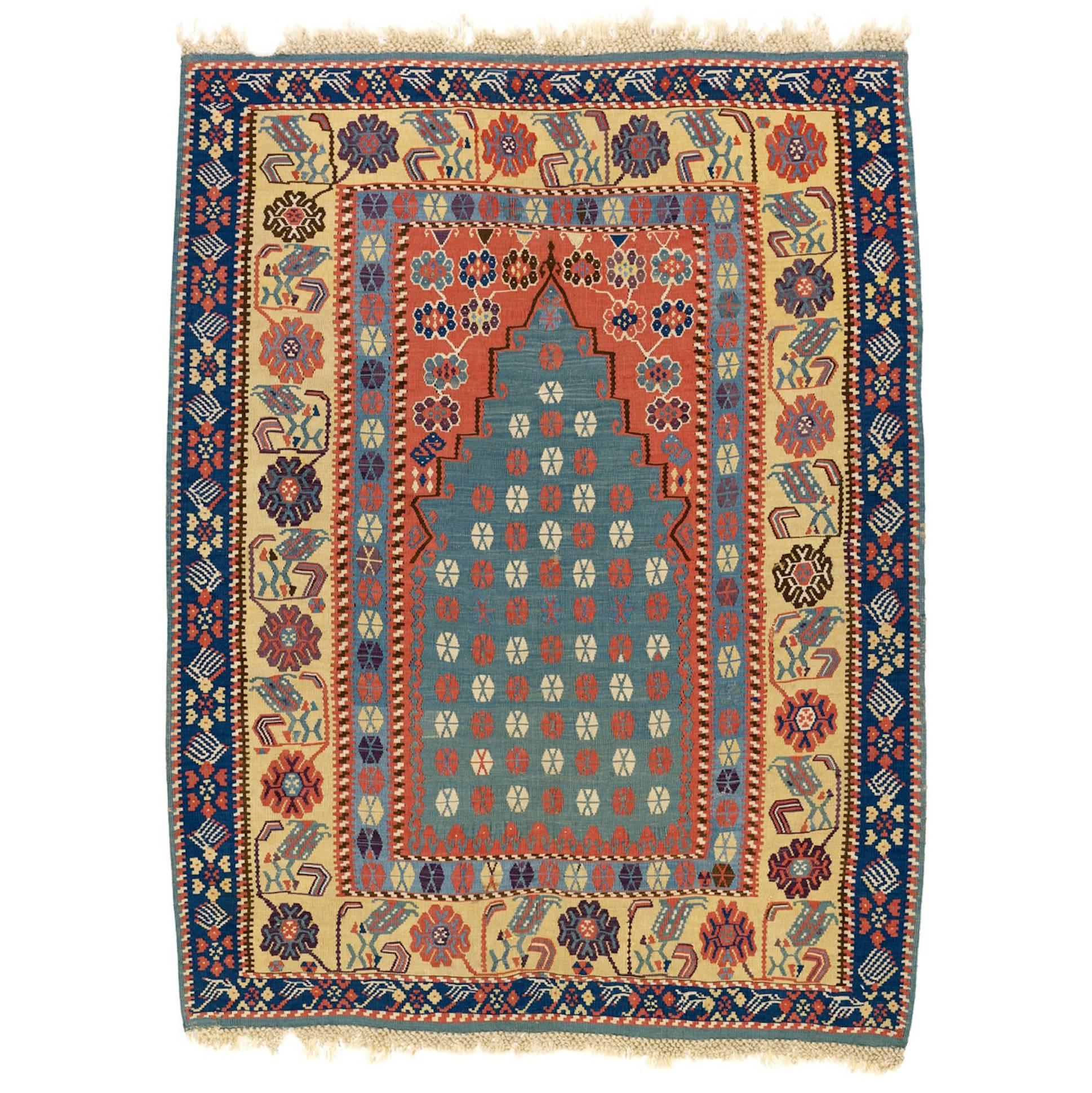 Mid 19th Century Blue and Green Turkish Erzurum Prayer Kilim Rug