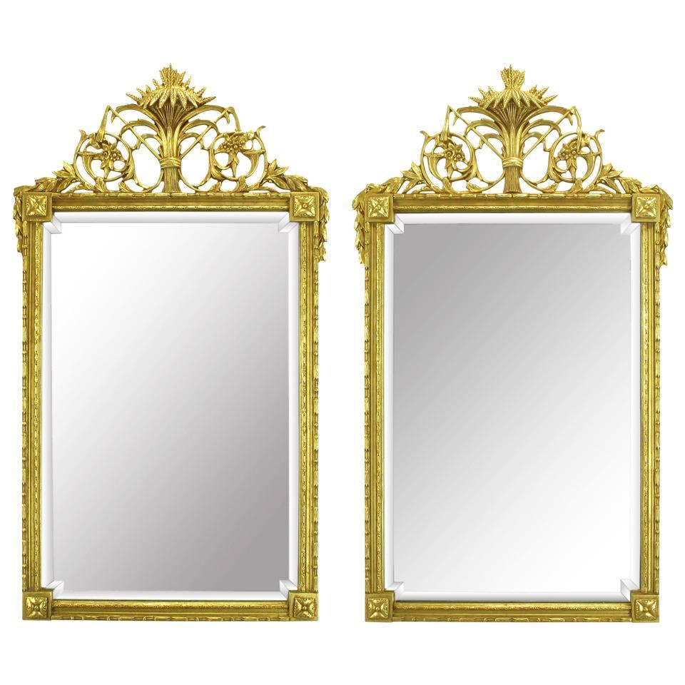 Pair of Giltwood and Gesso in Louis XVI Style Beveled Mirrors