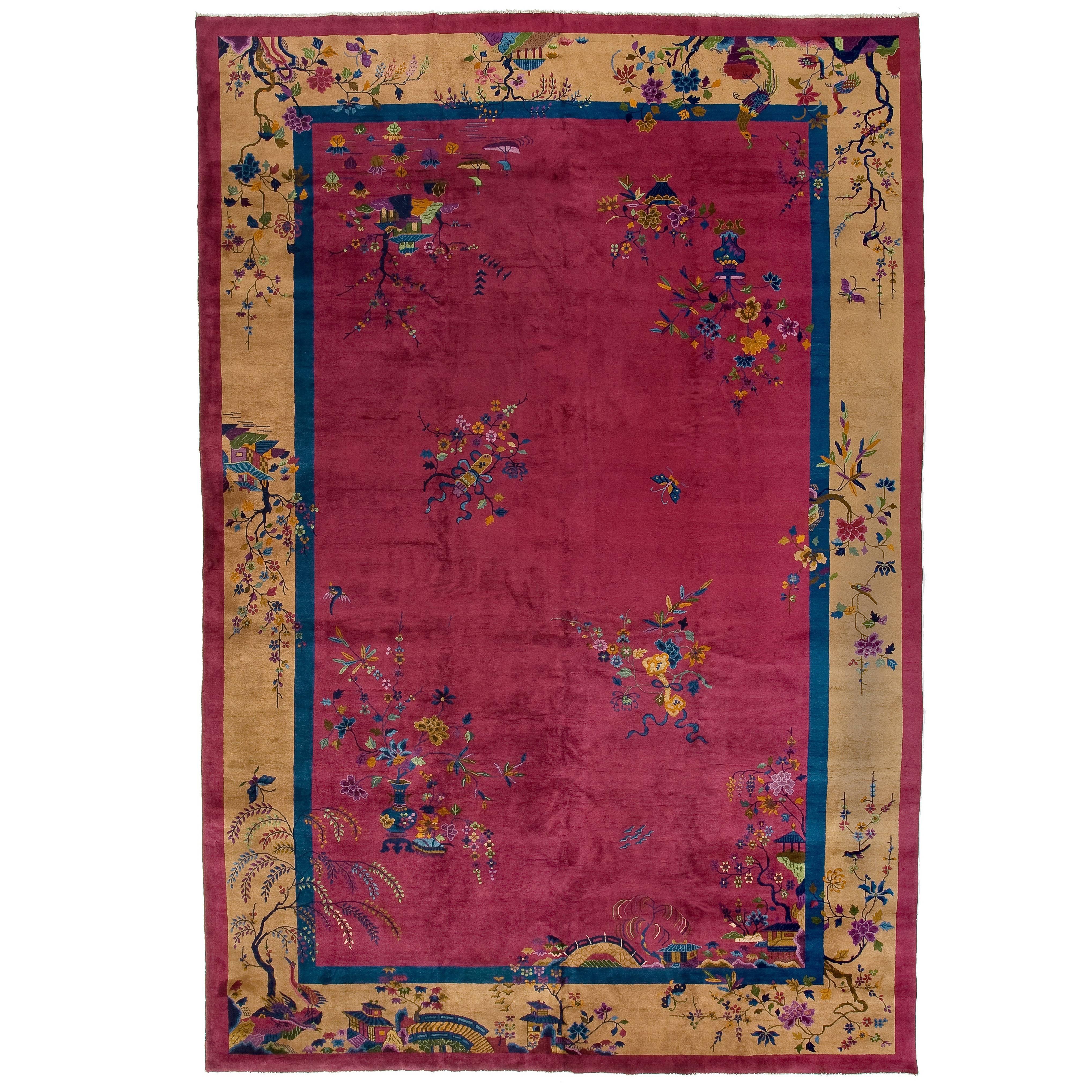 Walter Nichols Art Deco Red Wool and Cotton Chinese Rug, 1930s For Sale