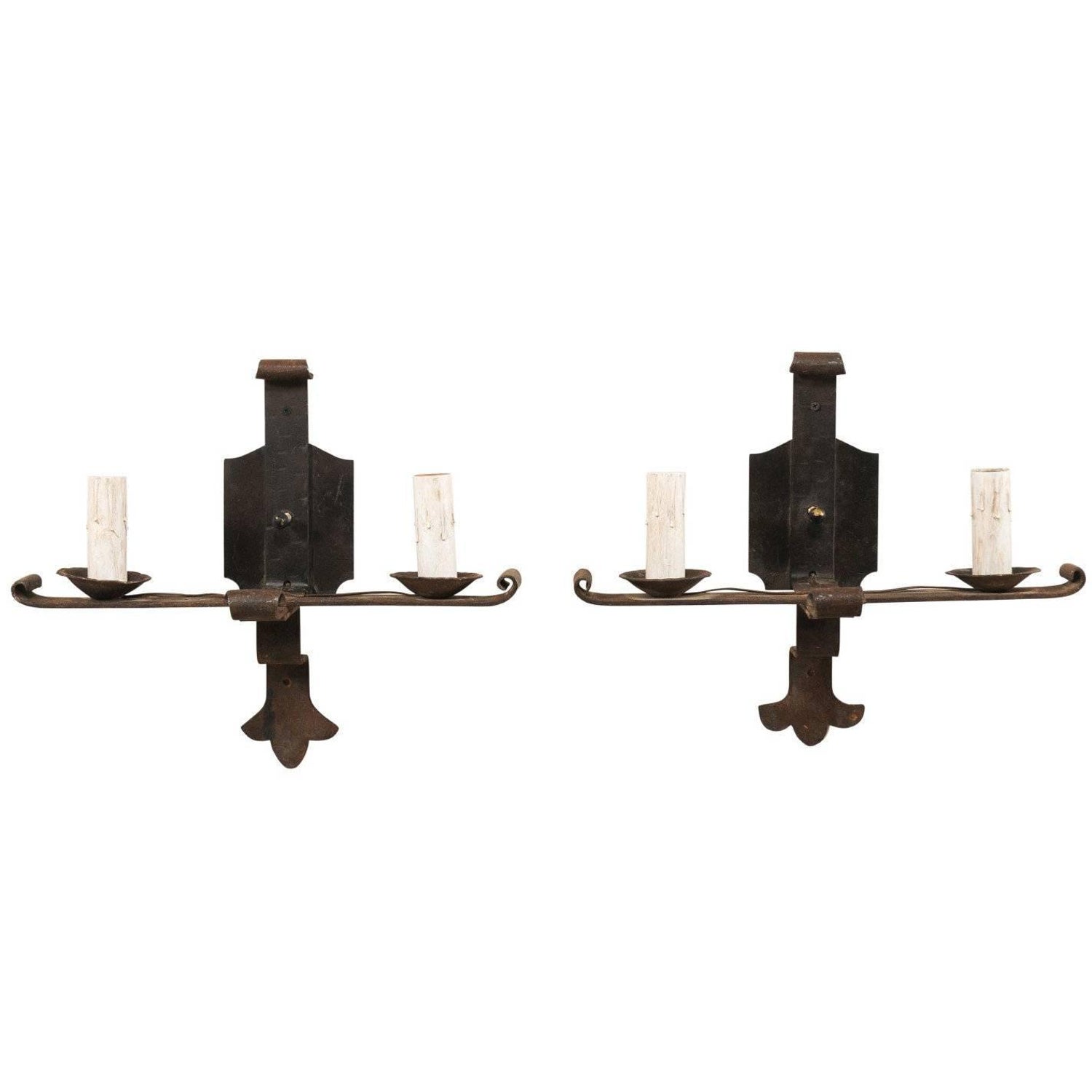 Pair Of Spanish Black Forged Iron Two Light Sconces With Metal Pair Of Spanish Black Forged Iron Two Light Sconces With Metal