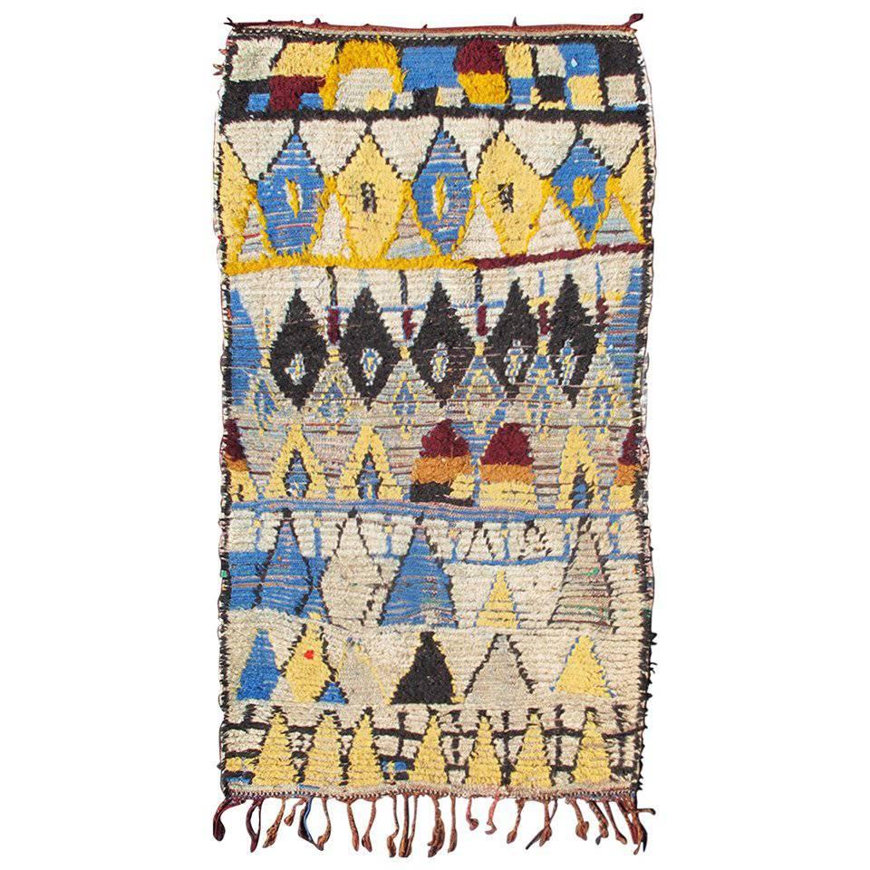 Boucherouite Moroccan Rug with Blue and Yellow Colors