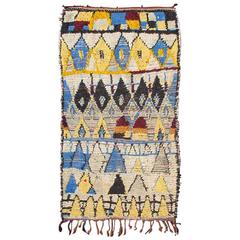 Vintage Boucherouite Moroccan Rug with Blue and Yellow Colors