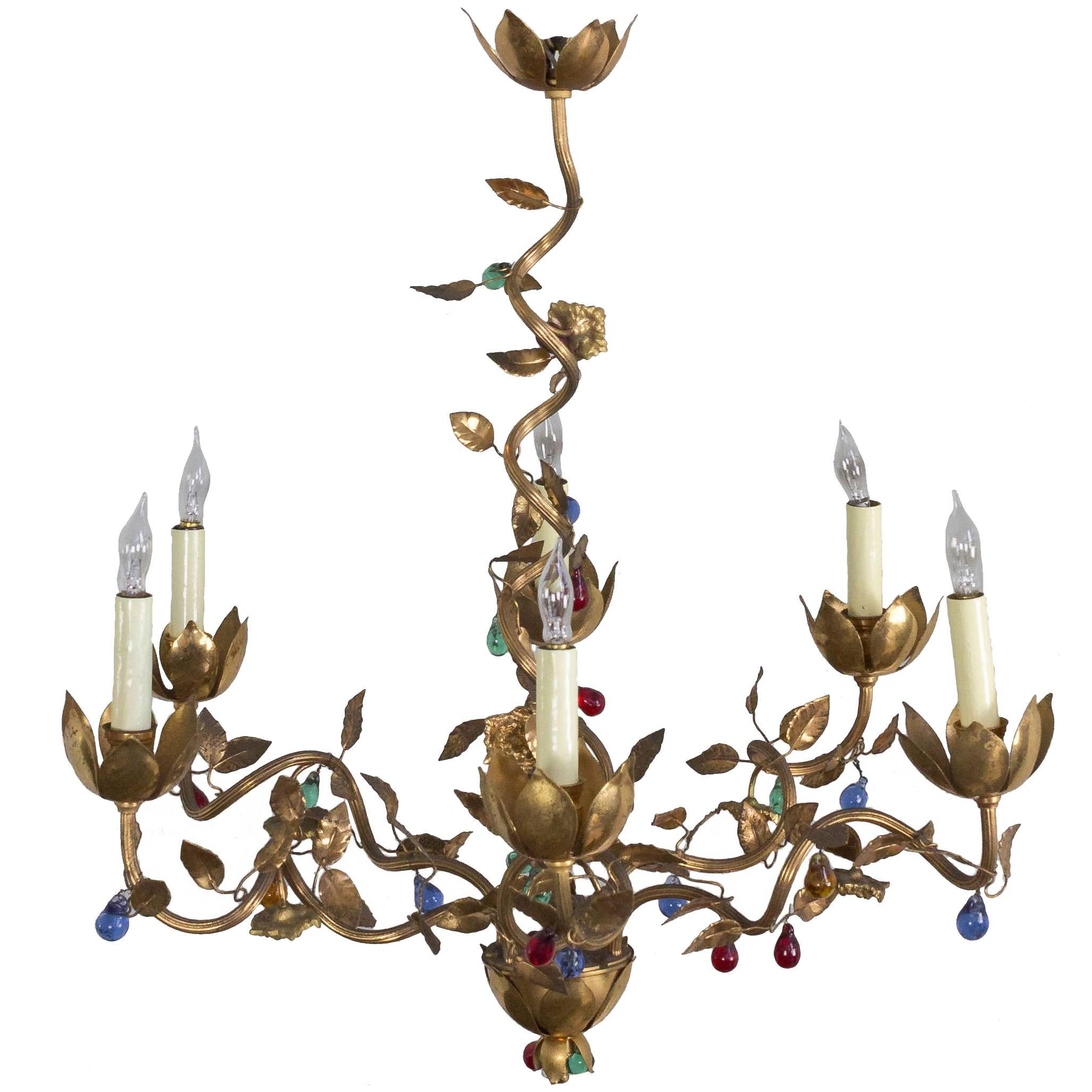 Whimsical Spanish 1960's Six-Armed Gilt Metal Chandelier with Colored Glass For Sale