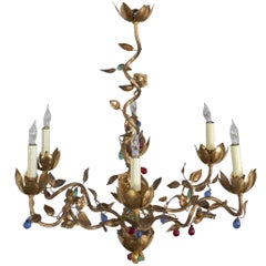 Whimsical Spanish 1960's Six-Armed Gilt Metal Chandelier with Colored Glass