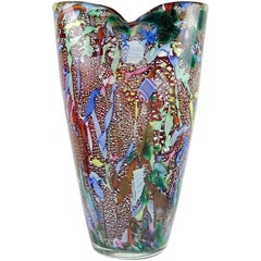 A.Ve.M. Murano Red Millefiori Silver Flecks Ribbon Italian Art Glass Flower Vase