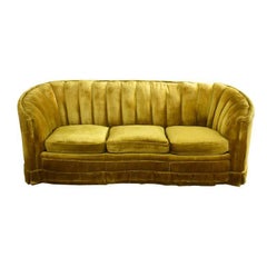 Art Deco Midcentury Green Velvet Banana Form Scalloped Channel Back Sofa