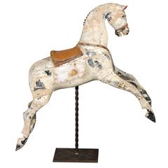English Late 19th Century Large Wooden Horse with Saddle on Twisted Metal Stand 11