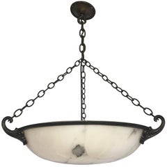 Wonderful Shape Early 1900 Art Deco Alabaster and Bronze Pendant Light Fixture