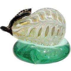 Barovier Toso Murano White Gold Flecks Italian Art Glass Pear Paperweight