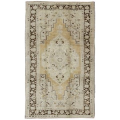 Vintage Turkish Oushak Rug in Pale Yellow, Taupe and Brown Border