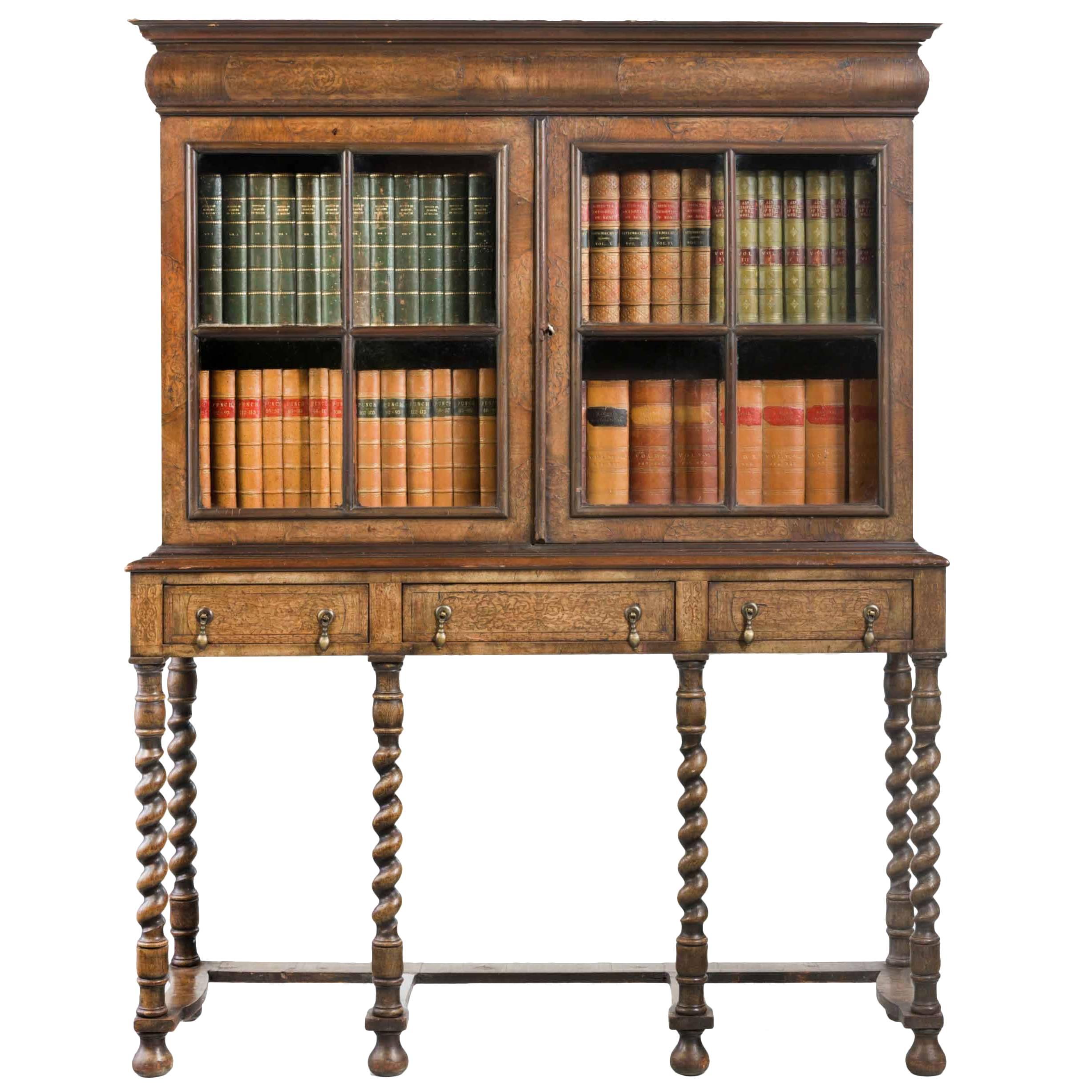 William and Mary Style Marquetry Cabinet Bookcase