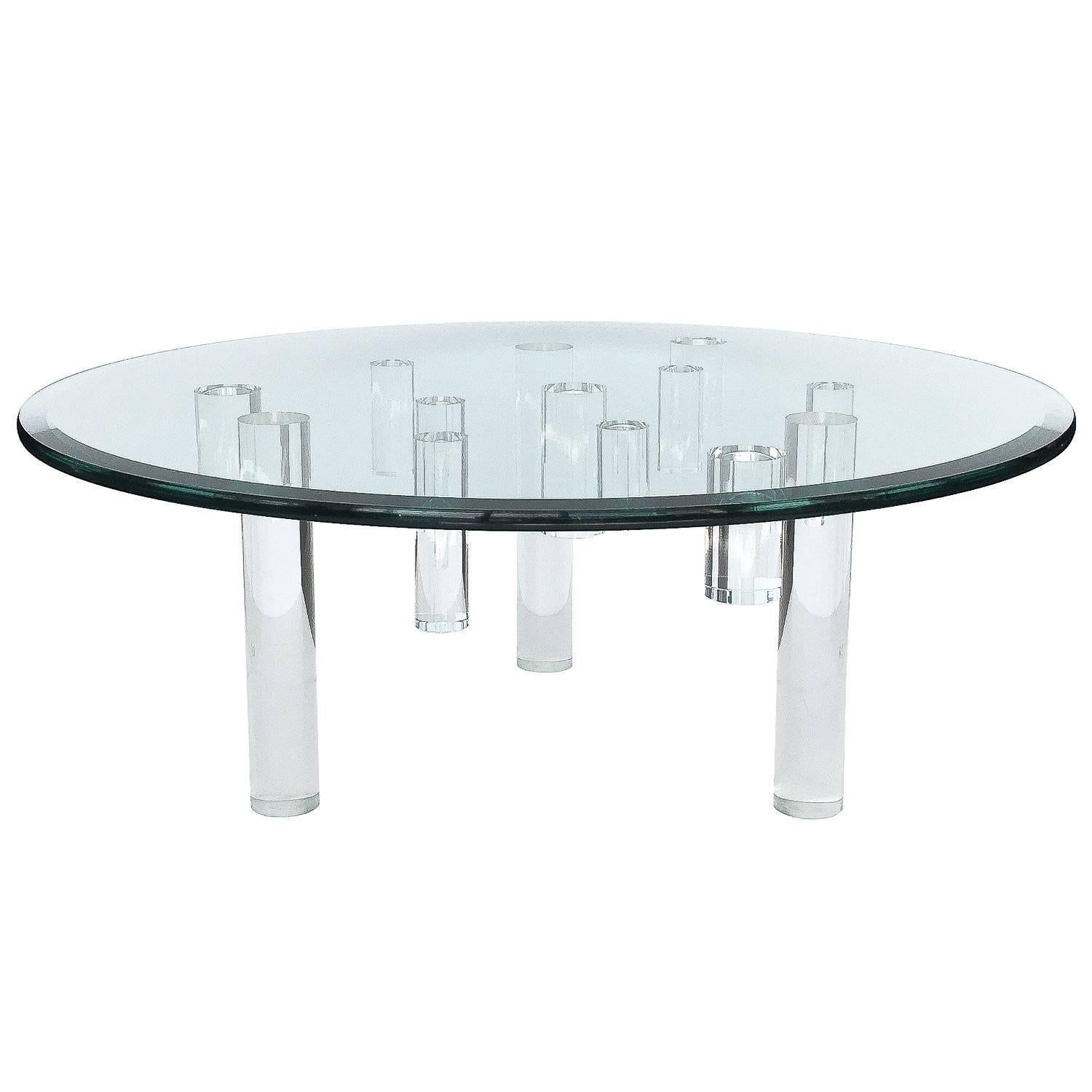 Round Coral Lacquer Modern Coffee Table Topped With Lucite Top Round Coral Lacquer Modern Coffee Table Topped With Lucite Top