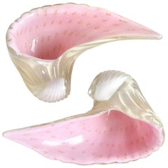 Alfredo Barbini Murano White Pink Gold Flecks Italian Art Glass Seashell Bowls