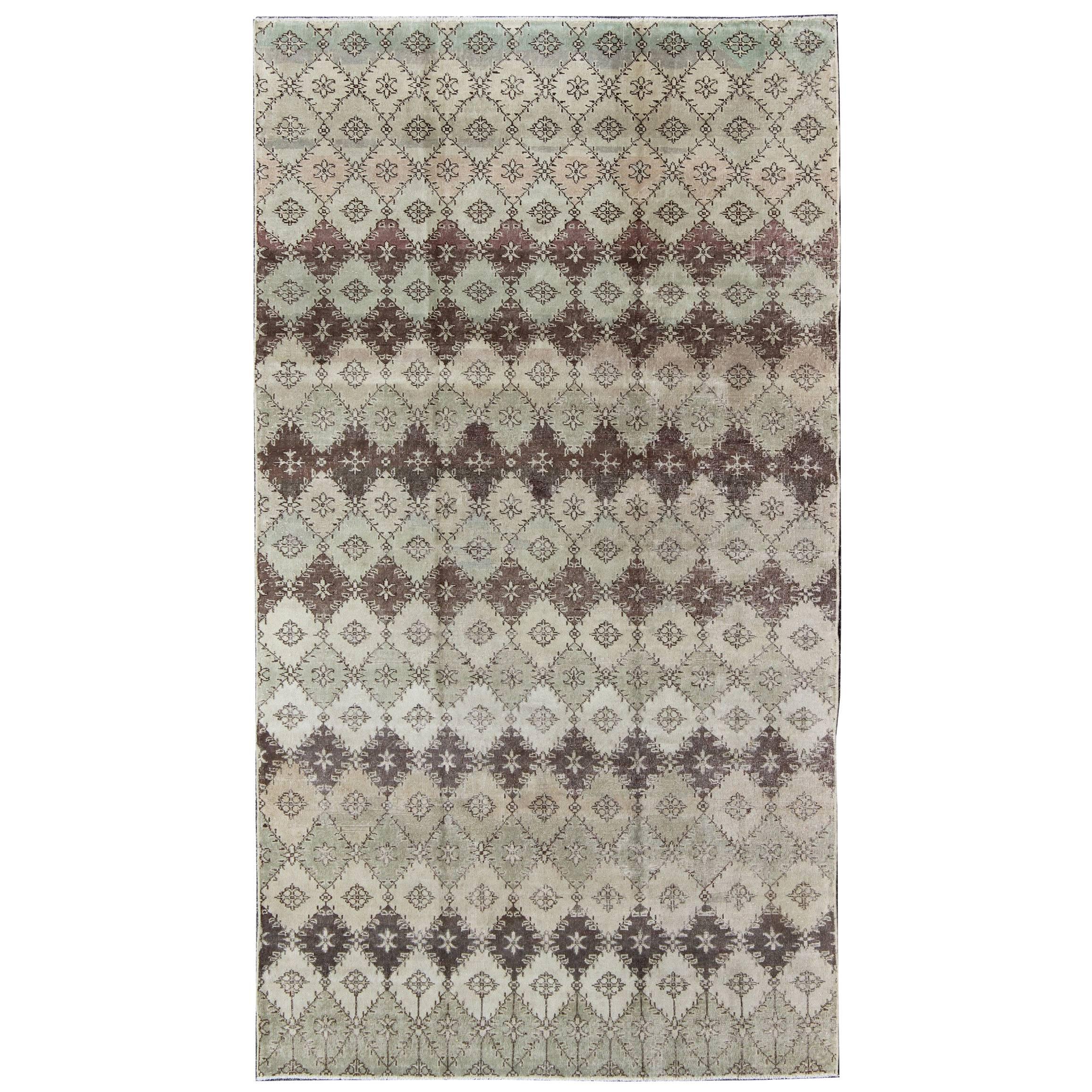 Vintage Distressed Rug with Diamond Modern Design in Earth Tones & Neutrals For Sale
