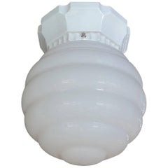 French 1950s Ceiling Light with Porcelain Base and Milk Glass Shade