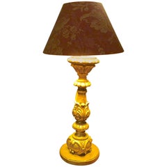 French 19th Century Hand-Carved Hand-Painted Wooden Candlestick Lamp with Shade