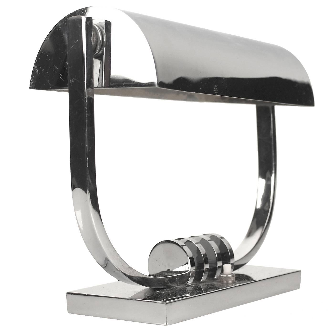 French Art Deco Banker Desk Lamp, 1930s Modernist Design Chrome Light For Sale