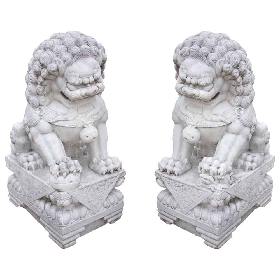 Pair of Antique White Marble Chinese Foo Dogs, circa 1850