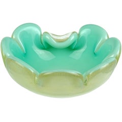 Archimede Seguso Murano Aqua Gold Flecks Italian Art Glass Flower Bowl Dish