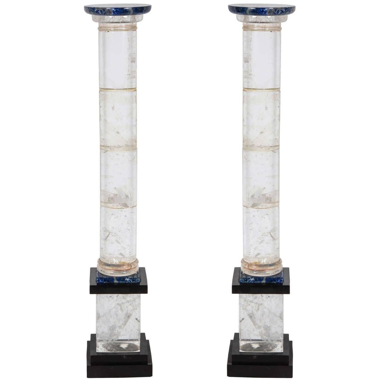 Pair of Rock Crystal and Lapis Column Obelisks