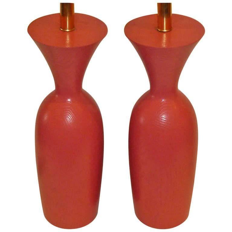 1970s Coral Painted Oak Urn Form Table Lamps