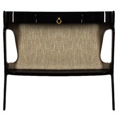 1950s Small Console, Stained Mahogany, French Polish, Fabric, Italy