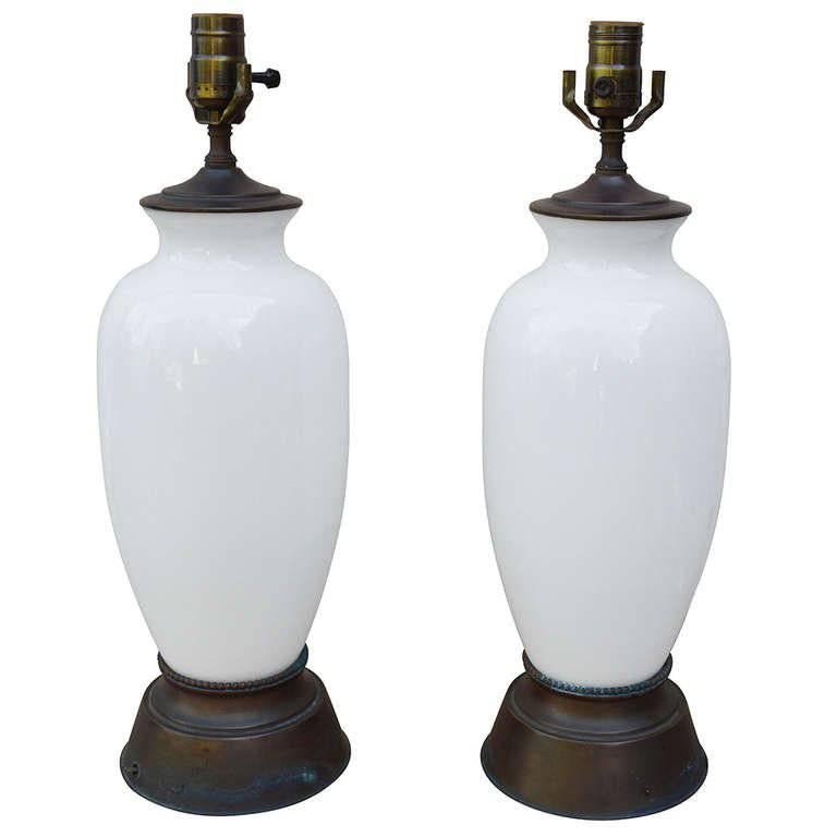 Mid-Century Modern Pair of White Opaline Table Lamps