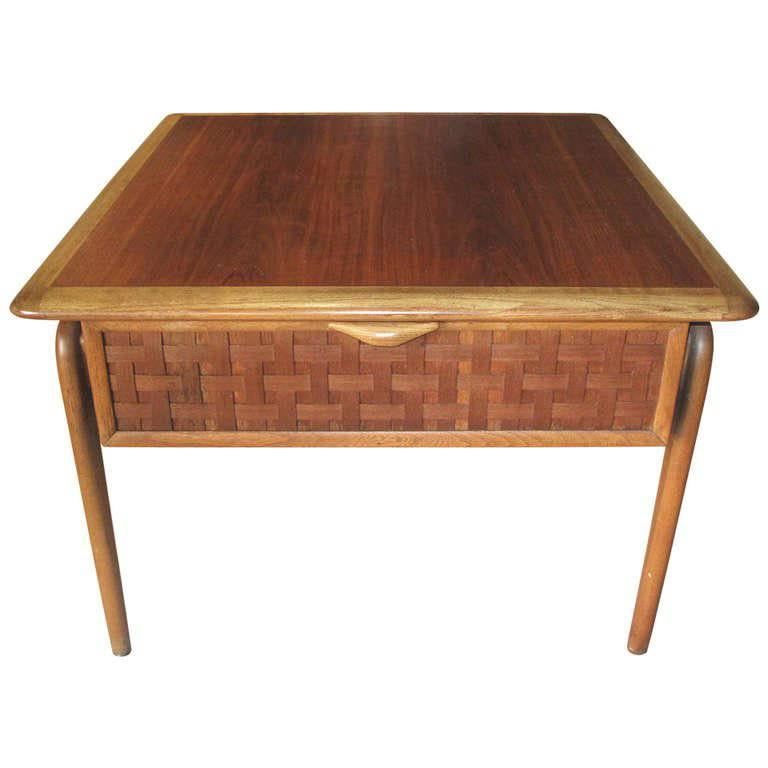 Low Table with Basket Weave Front and Single Drawer For Sale