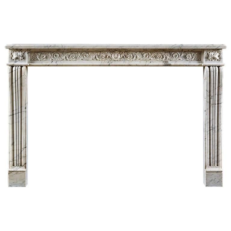 Antique Louis XVI Neoclassical Fireplace Mantel in Statuary Marble
