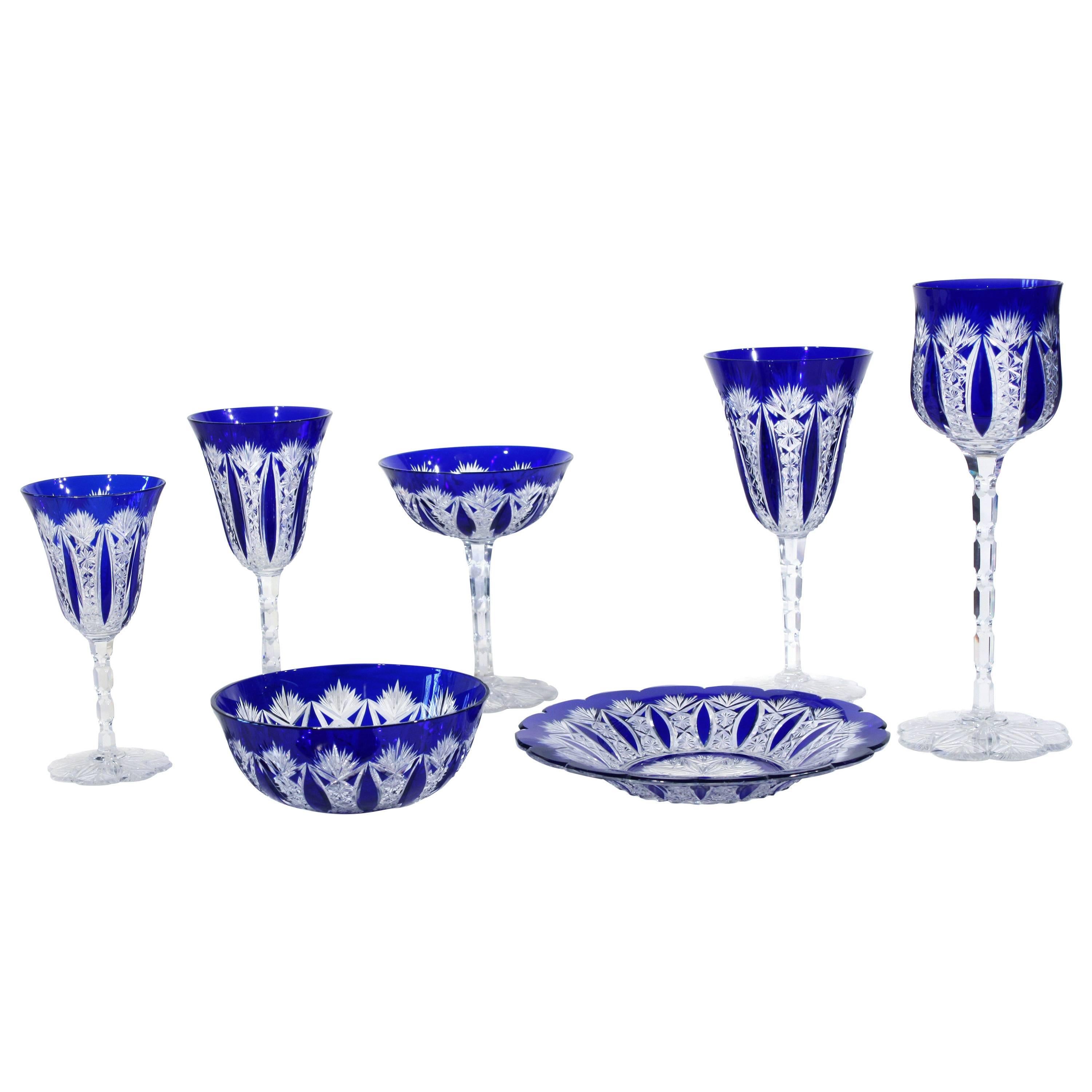 Baccarat Condé Pattern Cobalt Cut to Clear Stemware Service for 12