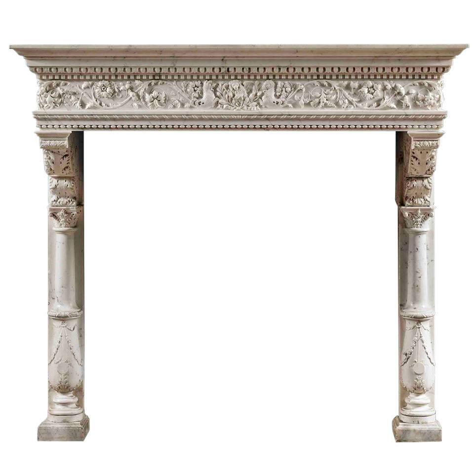 Antique Renaissance Style Carrara & Statuary Marble Venetian Fireplace Mantel