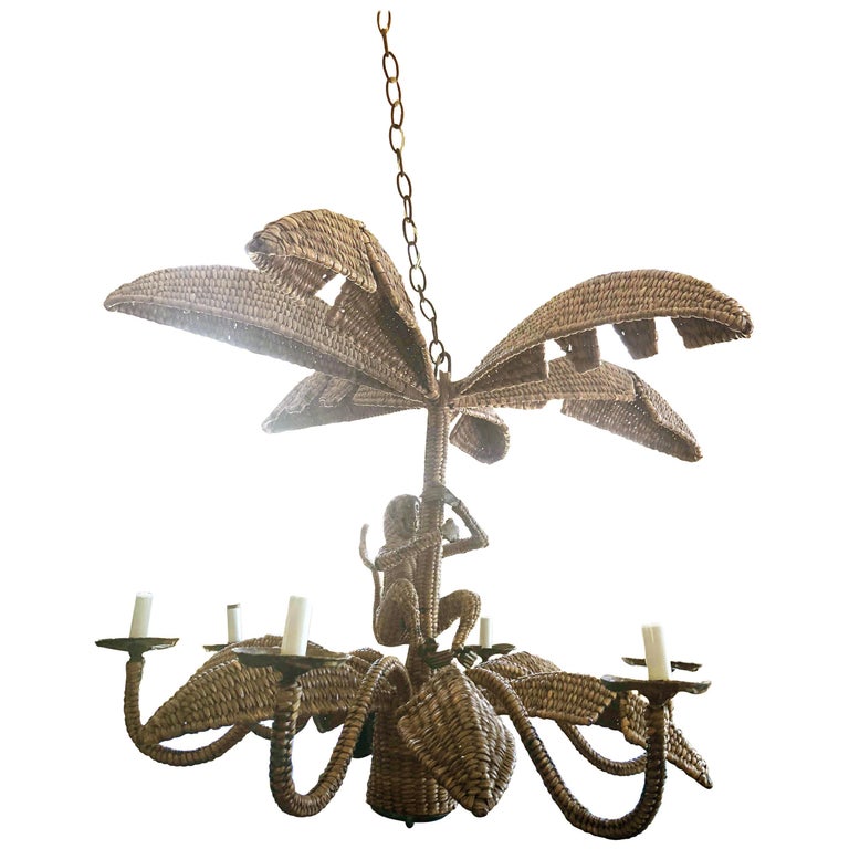 Mario Lopez Torres Rattan Wicker Monkey Palm Tree Brass Six Light Mario Lopez Torres Rattan Wicker Monkey Palm Tree Brass Six Light Chandelier For