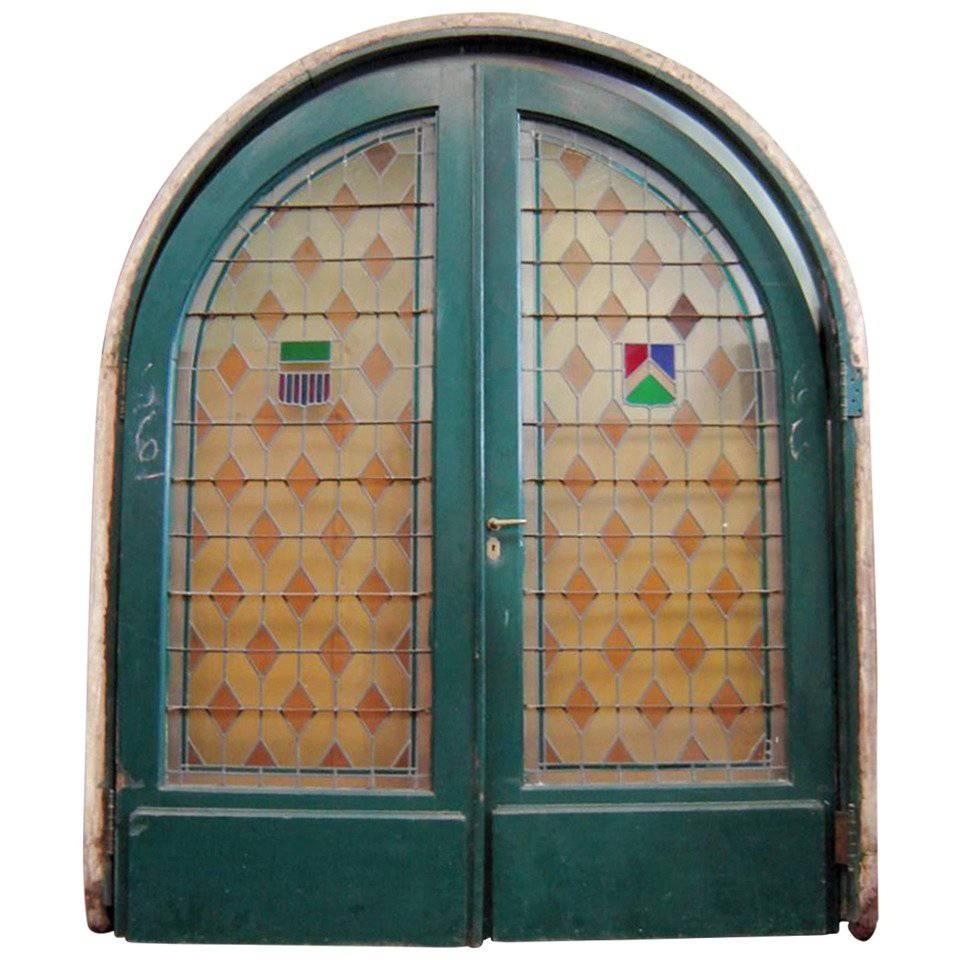 Large Pair of Arched Leaded and Stained Glass Doors