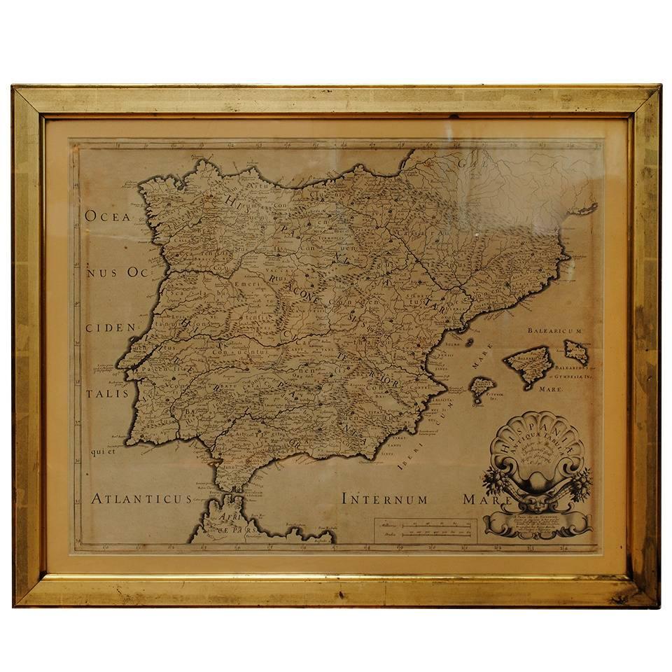 17th Century Lithograph Framed Map of Spain For Sale