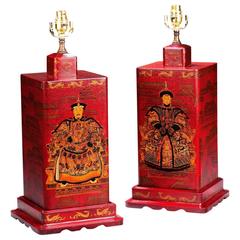 Pair of 20th century Large Square, Crackle Ware Tea Jar Lamps