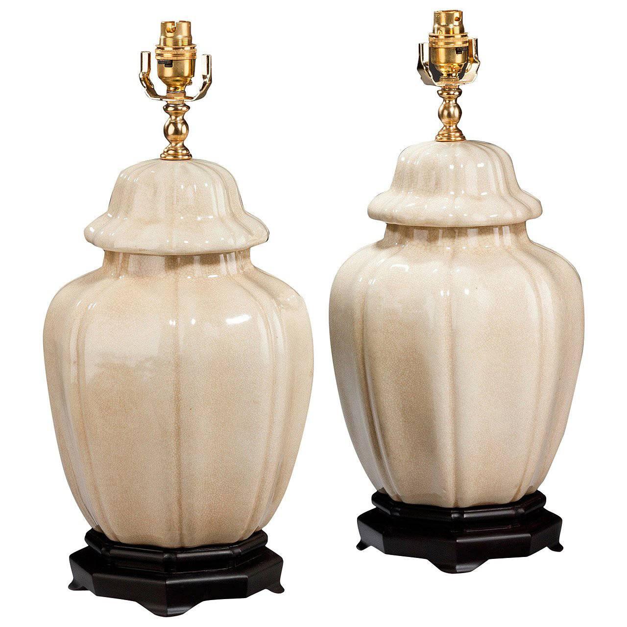 Pair of Crackle Ware Lobed Vase Lamps