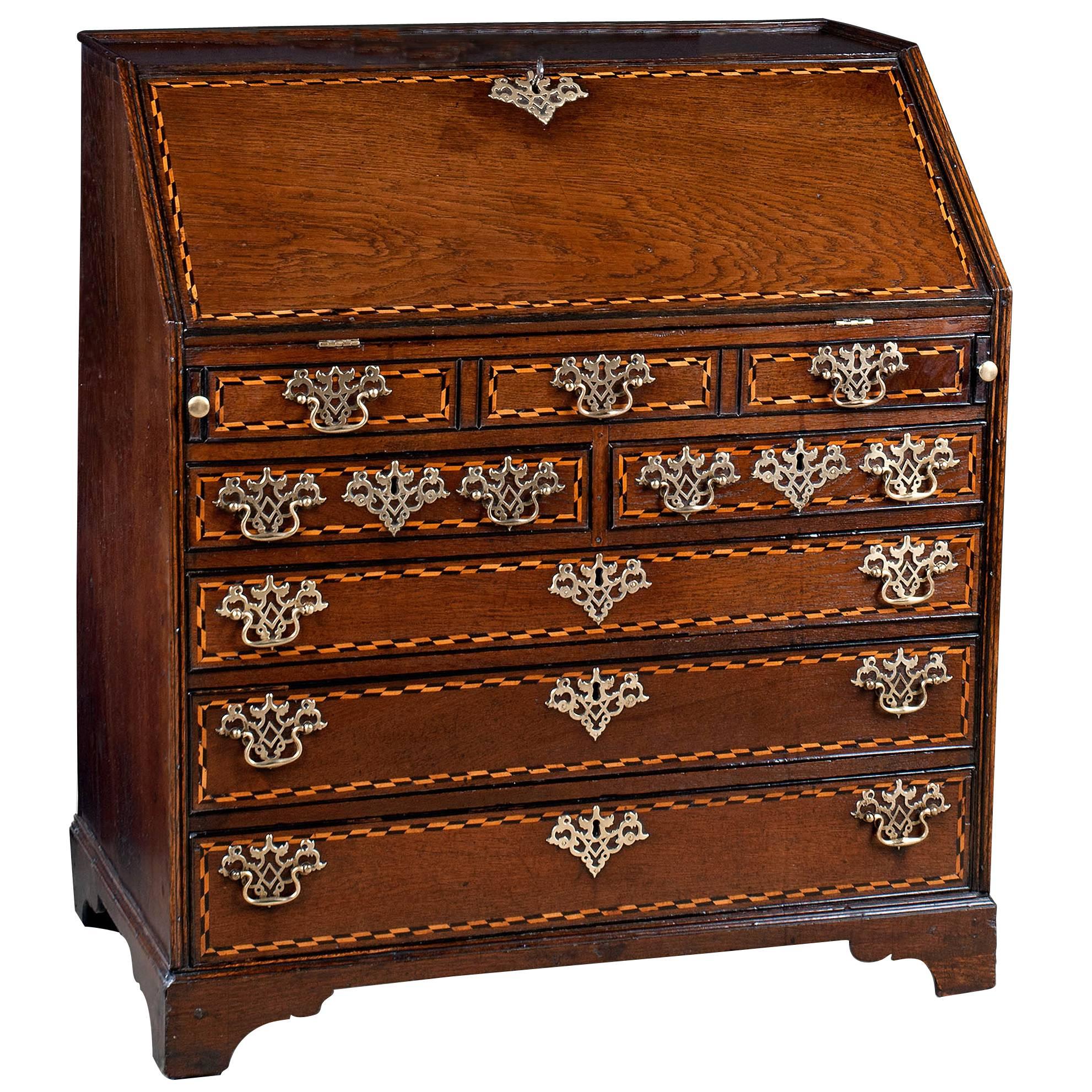 Early 18th Century Oak Bureau with Holly and Bog Oak Chequer Bandings