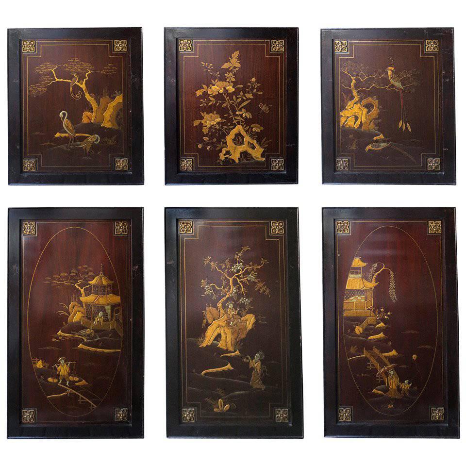 Set of Six Exquisitely Detailed Chinoiserie Panels, Formerly Furniture
